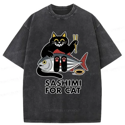 Tokyo-Tiger Black Cat Eating Sashimi Washed T-Shirt