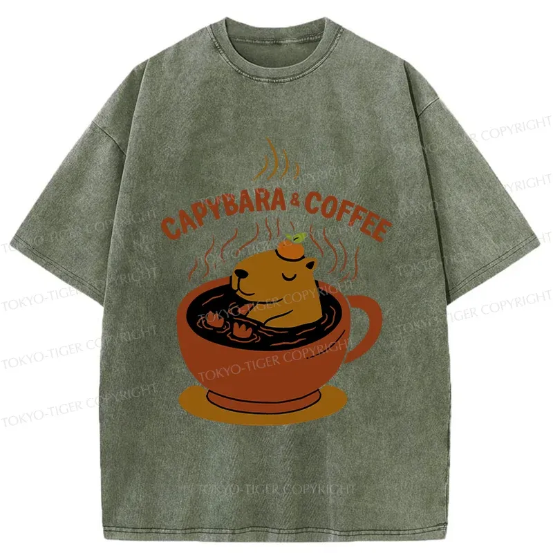 Tokyo-Tiger Capybara Coffee Funny Washed T-Shirt