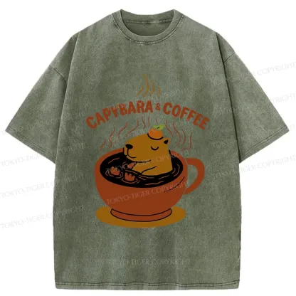 Tokyo-Tiger Capybara Coffee Funny Washed T-Shirt
