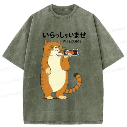 Tokyo-Tiger Cat Waiter Washed T-Shirt