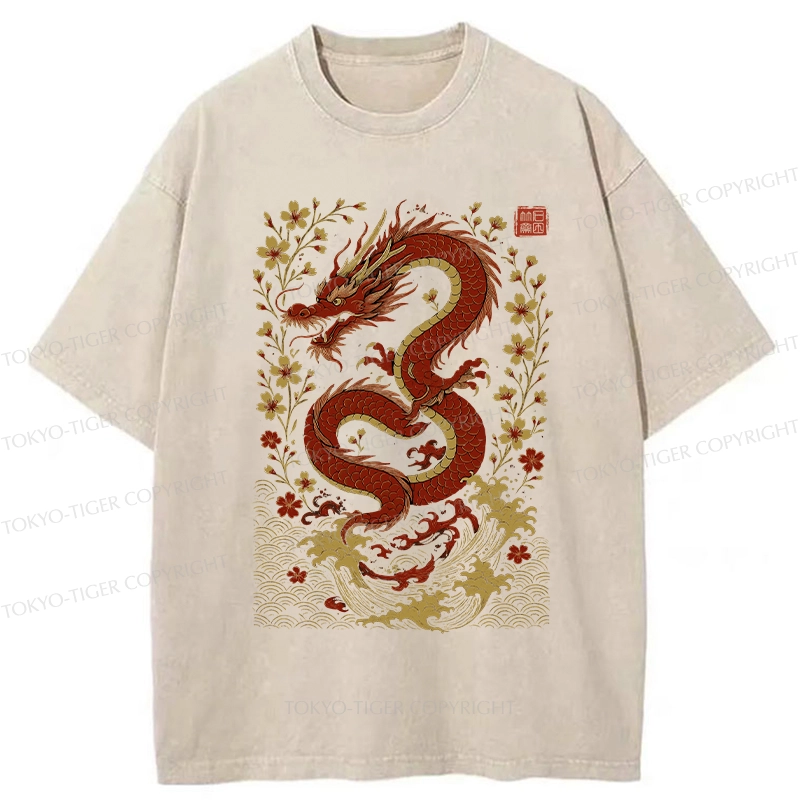 Tokyo-Tiger Retro Dragon And Sakura Washed T-Shirt