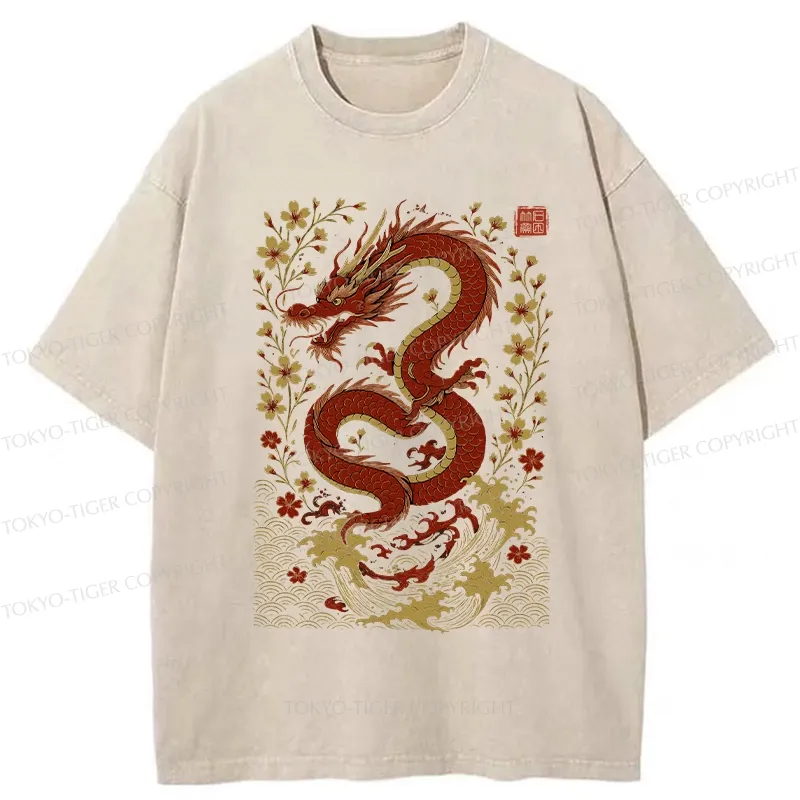 Tokyo-Tiger Retro Dragon And Sakura Washed T-Shirt