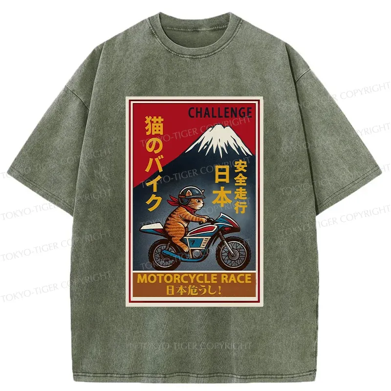 Tokyo-Tiger Cat Riding A Motorcycle Washed T-Shirt