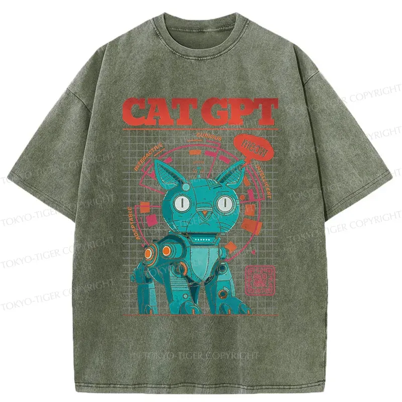 Tokyo-Tiger Machine Cat Retro Washed T-Shirt