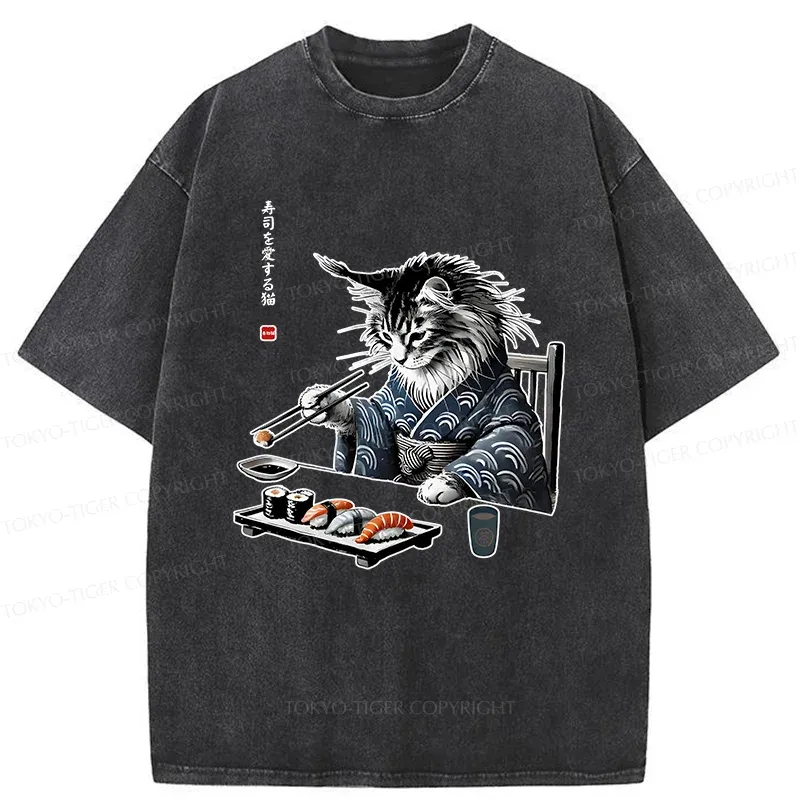 Tokyo-Tiger Cat Eating Sushi Japan Washed T-Shirt