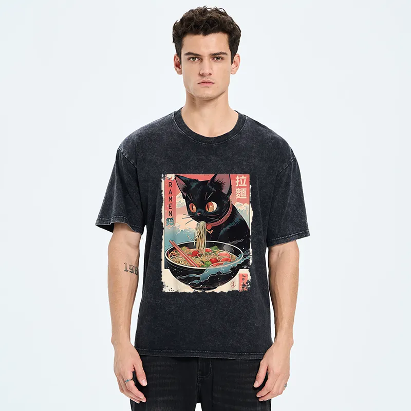 Tokyo-Tiger Black Cat Eating Ramen Japanese Washed T-Shirt