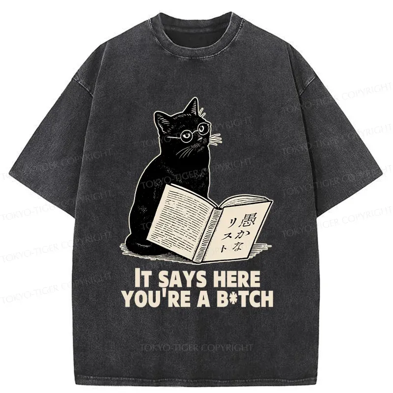 Tokyo-Tiger Black Cat With Glasses Washed T-Shirt