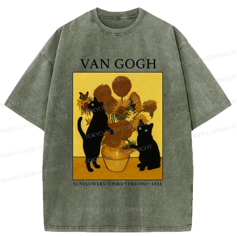 Tokyo-Tiger Sunflower And Cat Washed T-Shirt