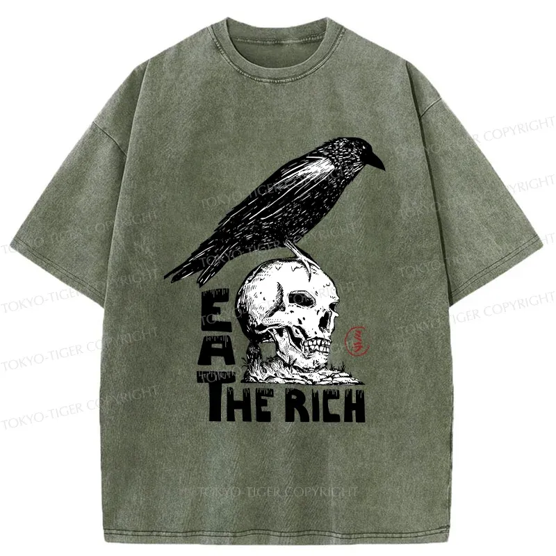 Tokyo-Tiger Crow Standing On Skull Washed T-Shirt