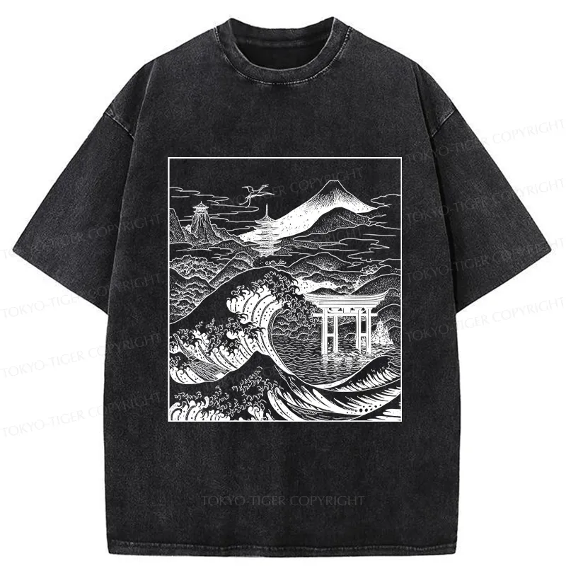 Tokyo-Tiger Retro Japanese landscape Washed T-Shirt