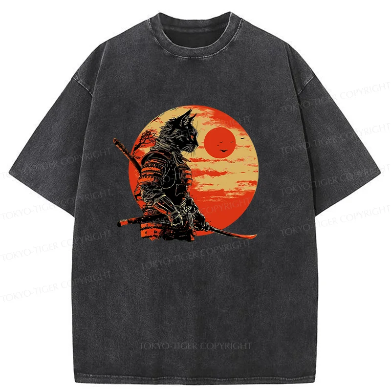 Tokyo-Tiger Cat Samurai And Sunset Washed T-Shirt