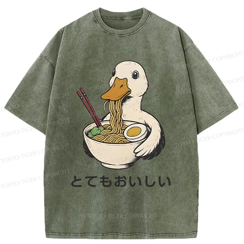 Tokyo-Tiger Goose Eating Delicious Ramen Washed T-Shirt
