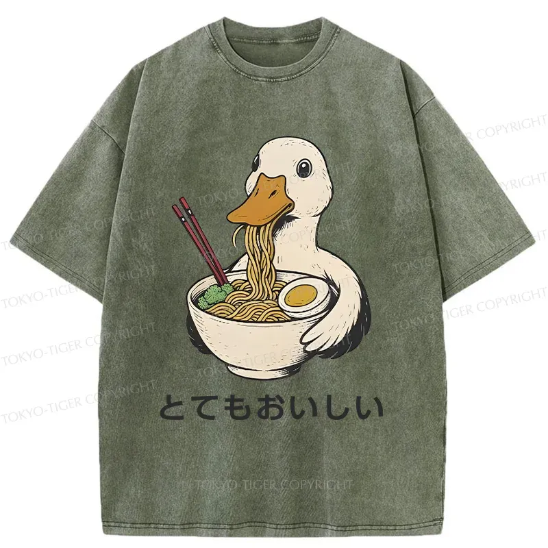 Tokyo-Tiger Goose Eating Delicious Ramen Washed T-Shirt