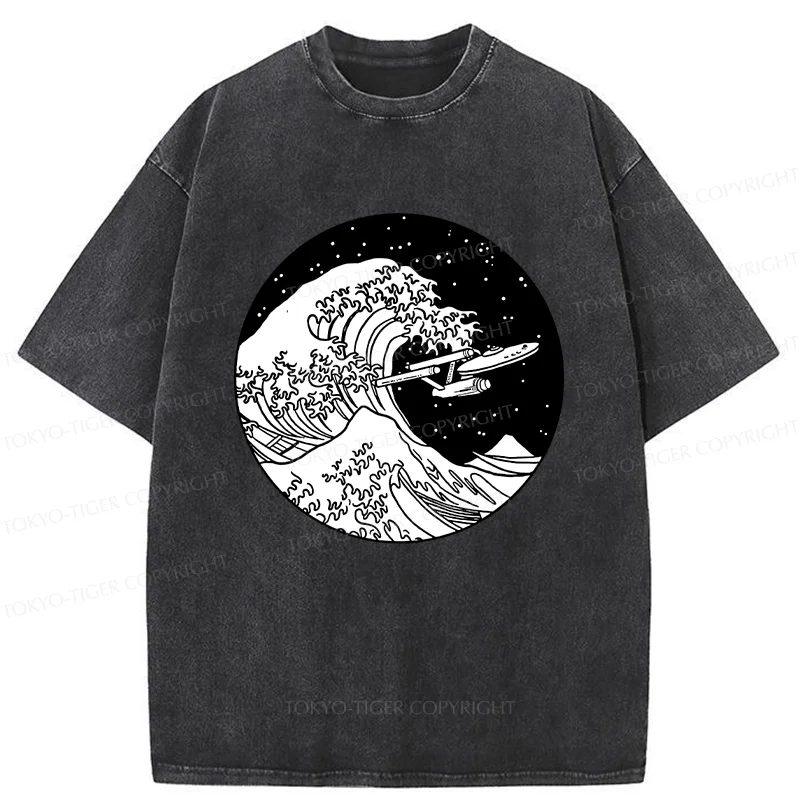 Tokyo-Tiger Waves and Spaceship Washed T-Shirt