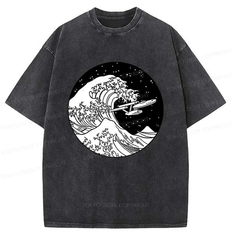 Tokyo-Tiger Waves and Spaceship Washed T-Shirt