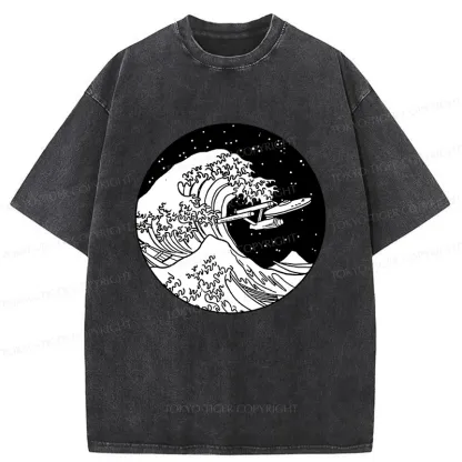 Tokyo-Tiger Waves and Spaceship Washed T-Shirt