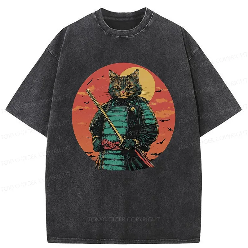Tokyo-Tiger Handsome Cat Samurai Washed T-Shirt