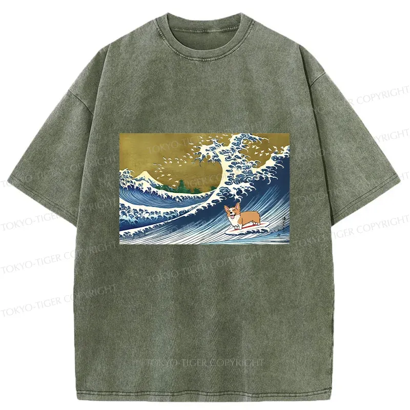 Tokyo-Tiger Corgi Surfing Washed T-Shirt