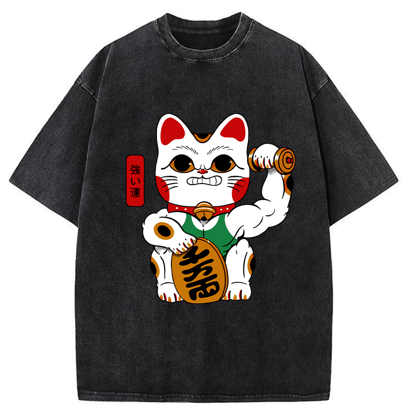 Tokyo-Tiger Muscular Lucky Cat Washed T-Shirt