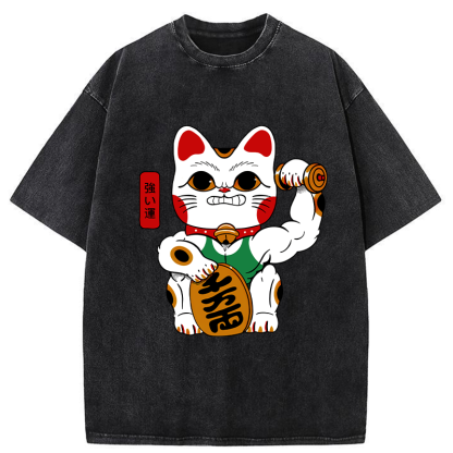 Tokyo-Tiger Muscular Lucky Cat Washed T-Shirt