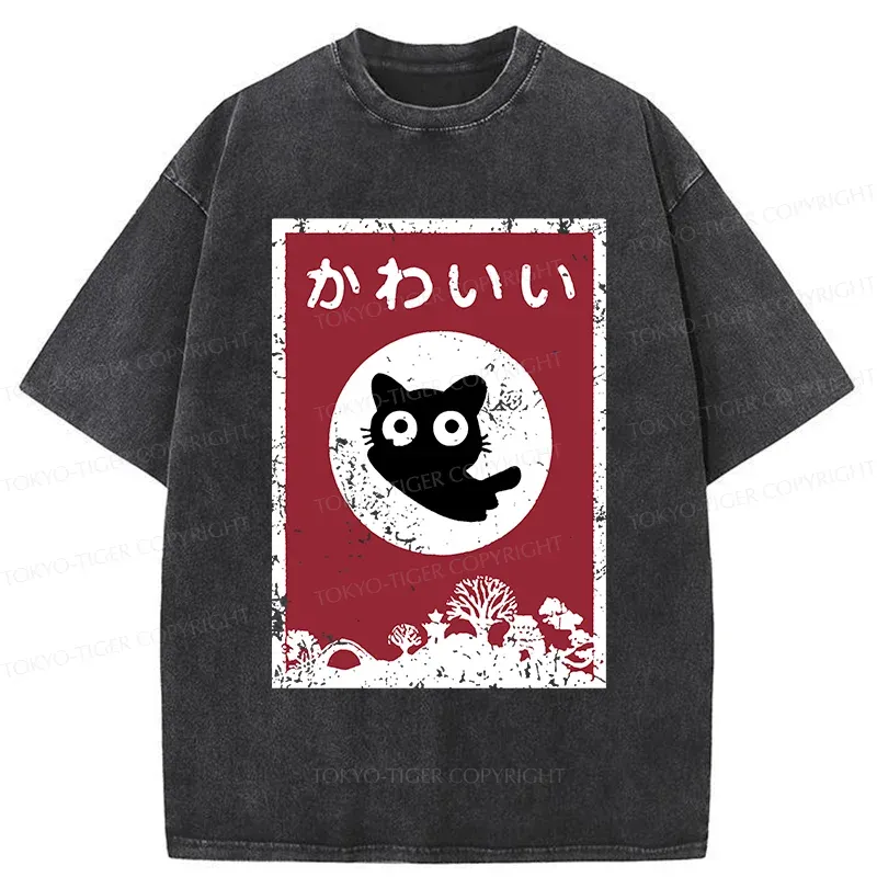 Tokyo-Tiger Cute Black Cat Washed T-Shirt