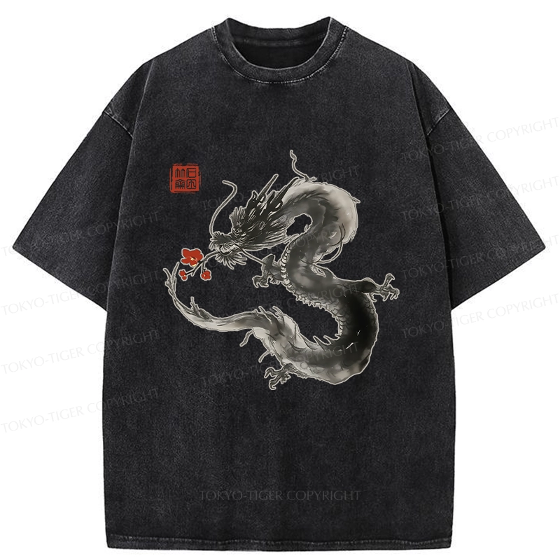 Tokyo-Tiger Dragon Holding A Flower Washed T-Shirt