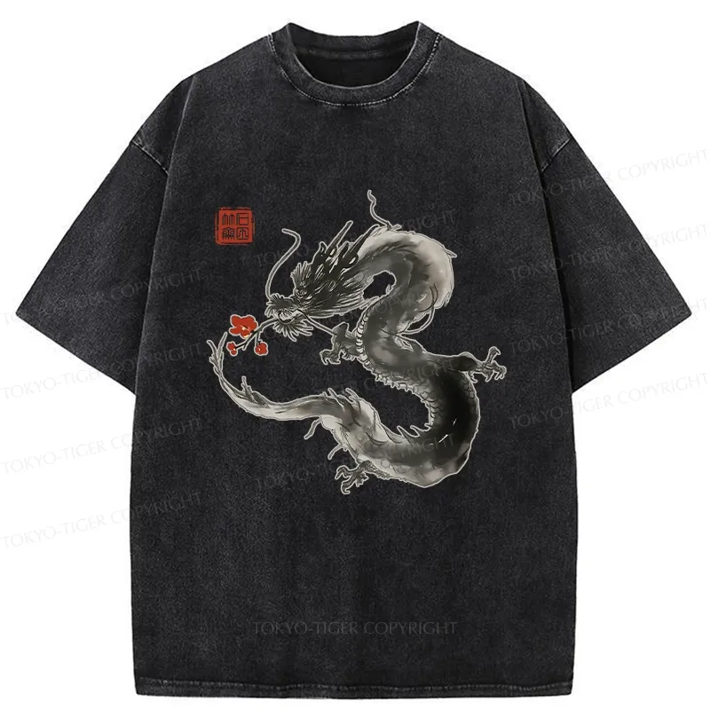 Tokyo-Tiger Dragon Holding A Flower Washed T-Shirt