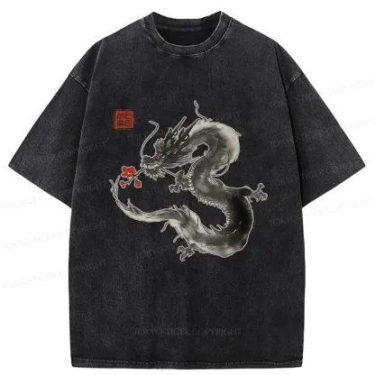 Tokyo-Tiger Dragon Holding A Flower Washed T-Shirt