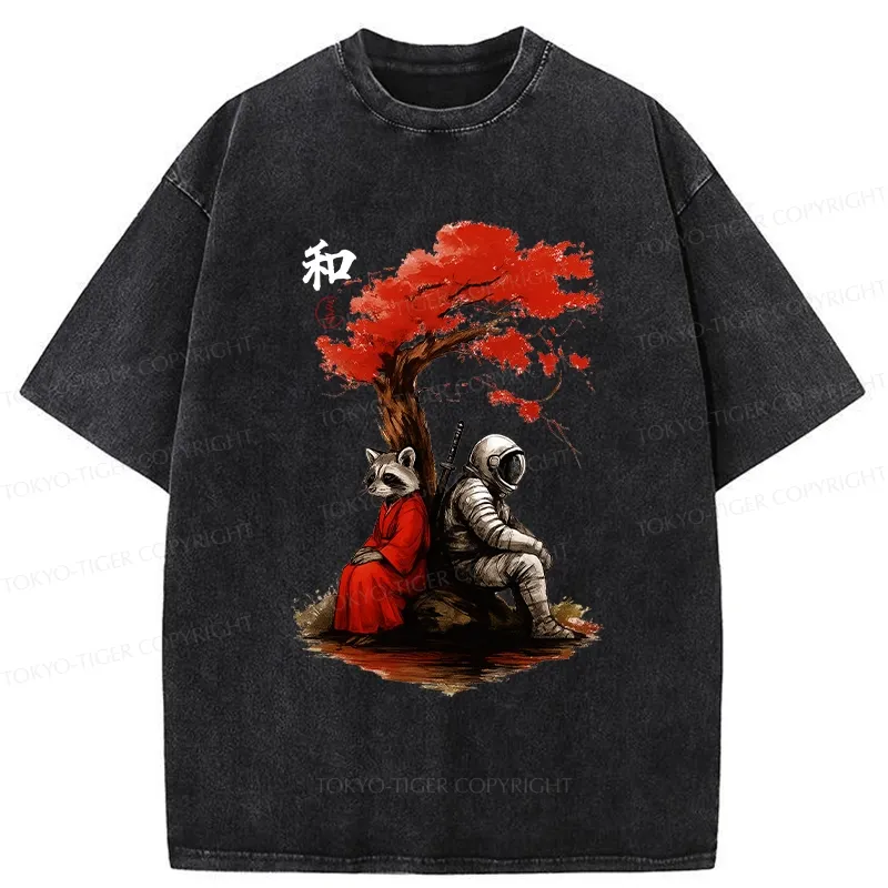 Tokyo-Tiger Raccoon And Astronaut By Tree Washed T-Shirt