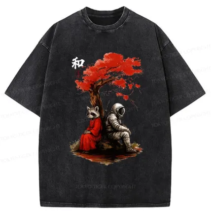 Tokyo-Tiger Raccoon And Astronaut By Tree Washed T-Shirt