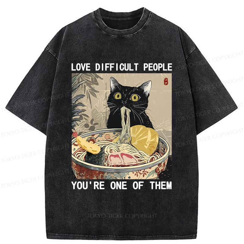 Tokyo-Tiger Kawaii Cat Eating Ramen Washed T-Shirt