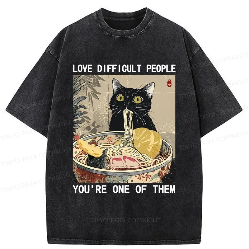 Tokyo-Tiger Kawaii Cat Eating Ramen Washed T-Shirt
