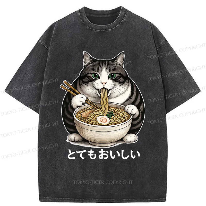 Tokyo-Tiger Fat Cat Eating Delicious Ramen Washed T-Shirt