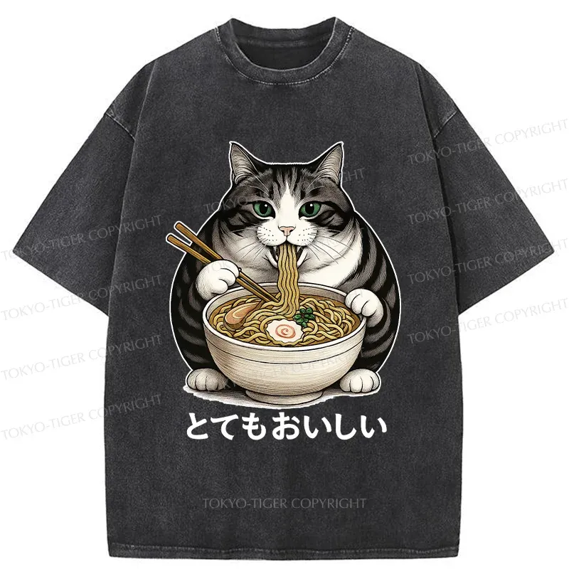 Tokyo-Tiger Fat Cat Eating Delicious Ramen Washed T-Shirt