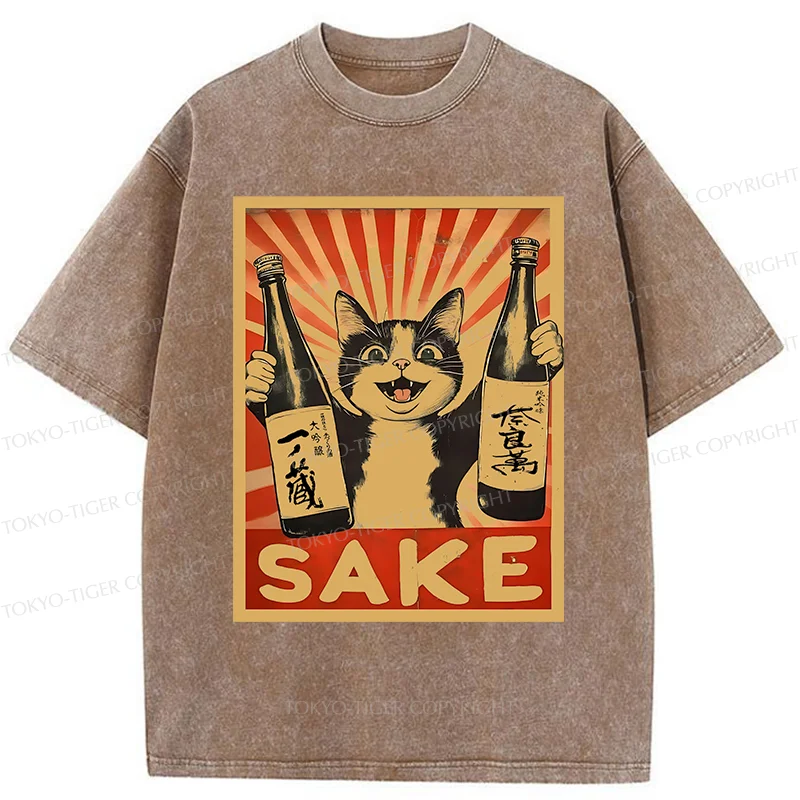 Tokyo-Tiger Cat Holding Wine Washed T-Shirt