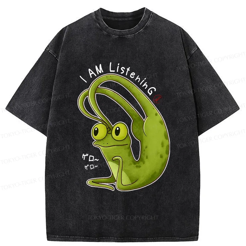Tokyo-Tiger Funny I Am Listening Washed T-Shirt