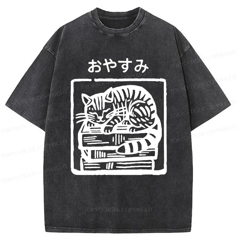Tokyo-Tiger Cat Sleeping On The Bookshelf Washed T-Shirt
