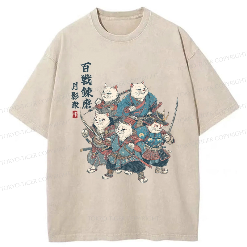 Tokyo-Tiger Five Cat Samurai Washed T-Shirt