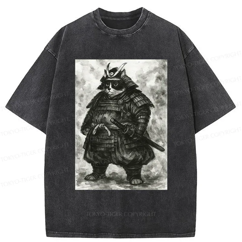 Tokyo-Tiger Strong Cat Samurai Washed T-Shirt