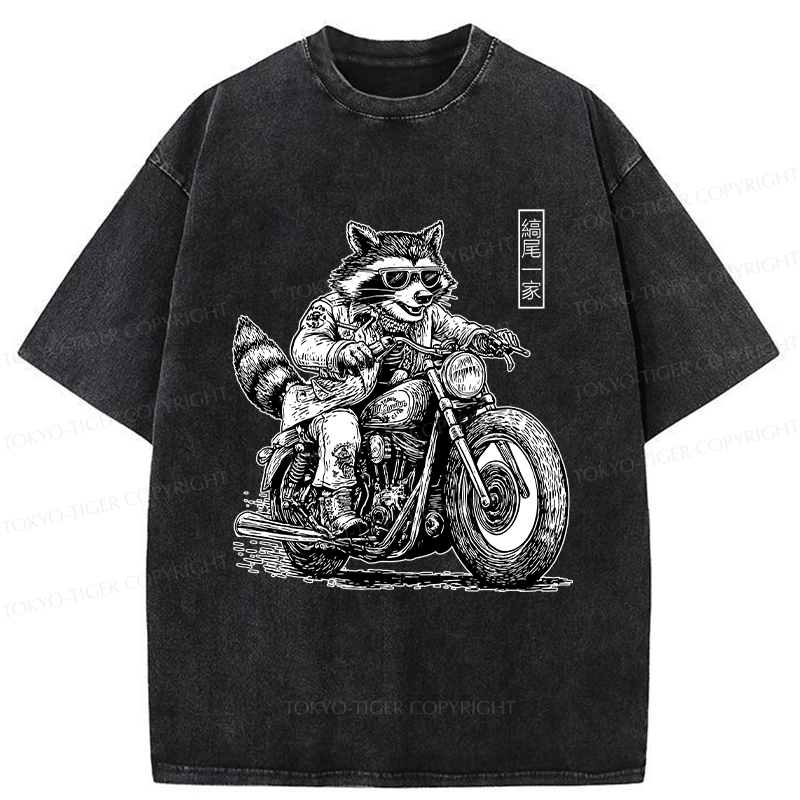 Tokyo-Tiger Raccoon Riding A Motorcycle Washed T-Shirt