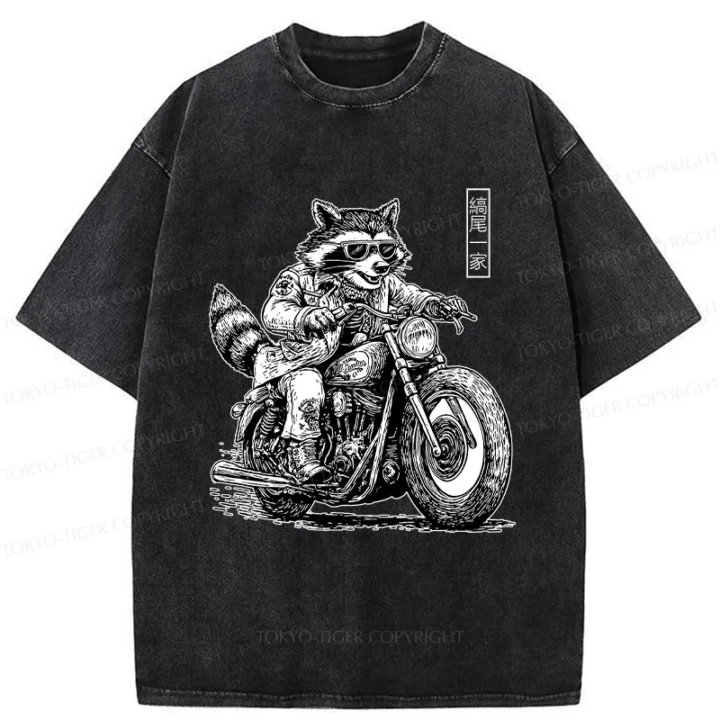 Tokyo-Tiger Raccoon Riding A Motorcycle Washed T-Shirt