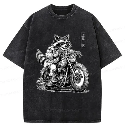 Tokyo-Tiger Raccoon Riding A Motorcycle Washed T-Shirt