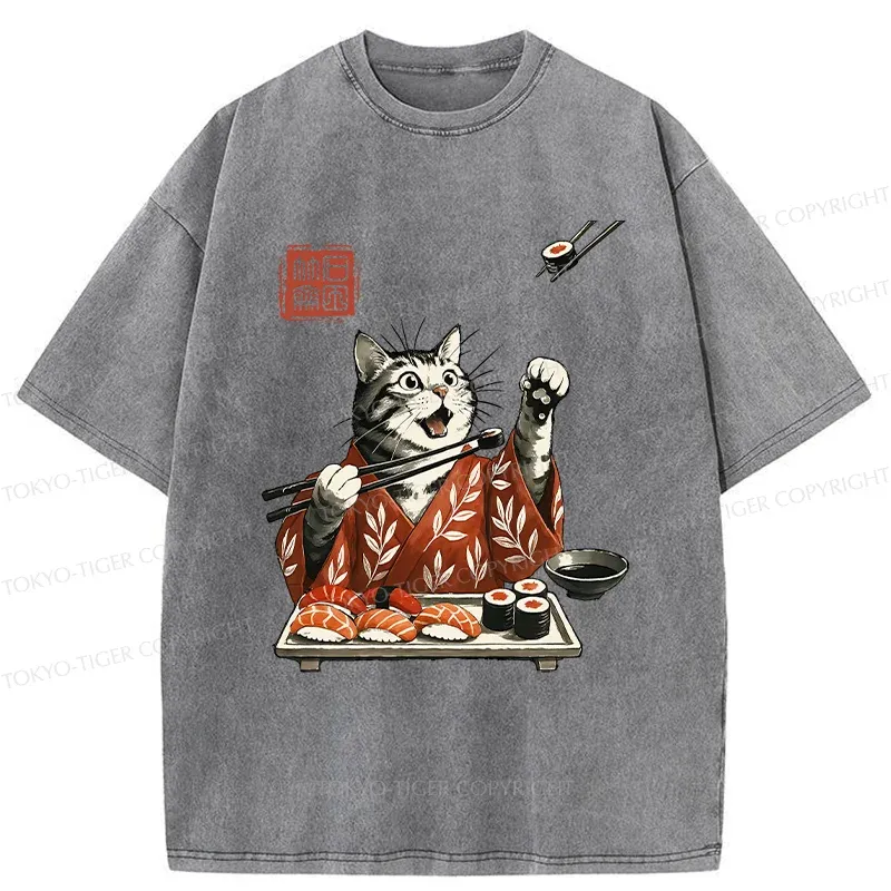 Tokyo-Tiger American Shorthair Cat Eating Sushi Washed T-Shirt