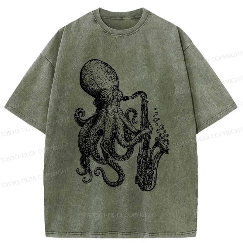 Tokyo-Tiger Octopus Playing Saxophone Washed T-Shirt