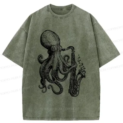 Tokyo-Tiger Octopus Playing Saxophone Washed T-Shirt