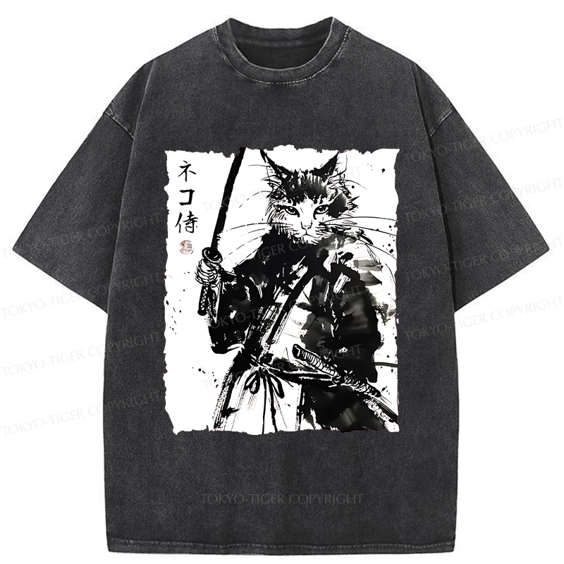 Tokyo-Tiger Ink Painting Cat Samurai Washed T-Shirt