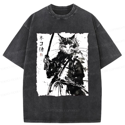 Tokyo-Tiger Ink Painting Cat Samurai Washed T-Shirt