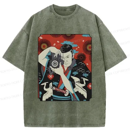 Tokyo-Tiger Samurai Photographer Washed T-Shirt