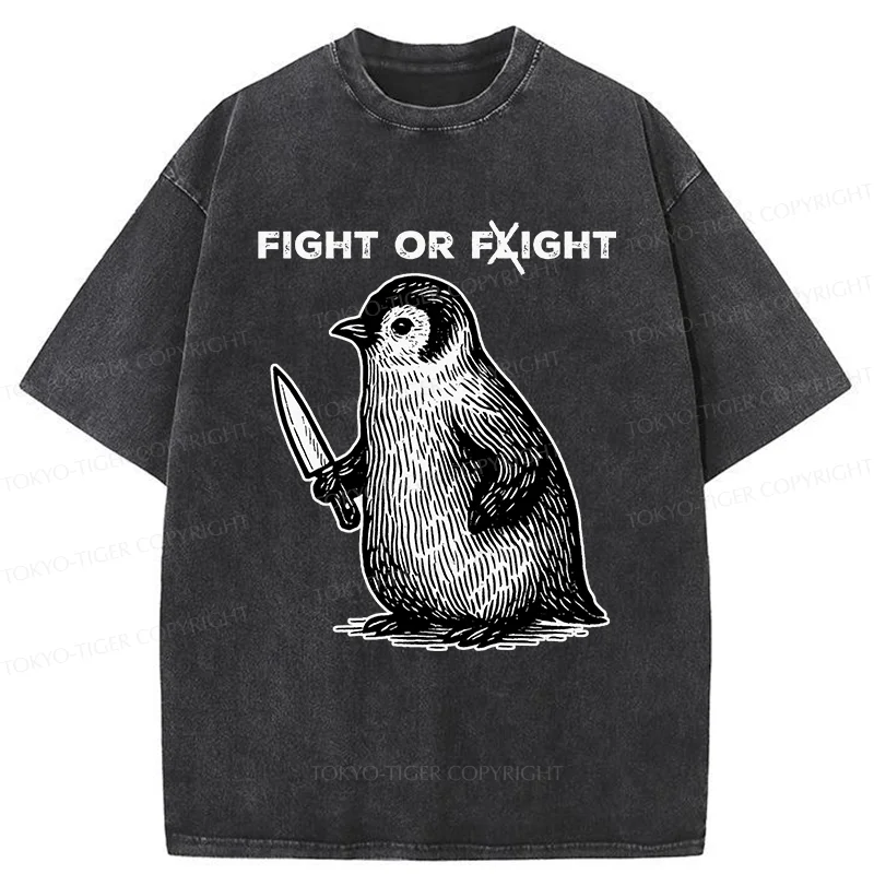 Tokyo-Tiger Funny Fight Or Flight Penguin Washed T-Shirt