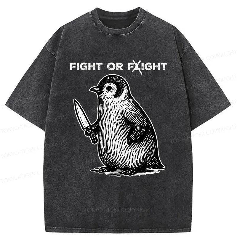 Tokyo-Tiger Funny Fight Or Flight Penguin Washed T-Shirt